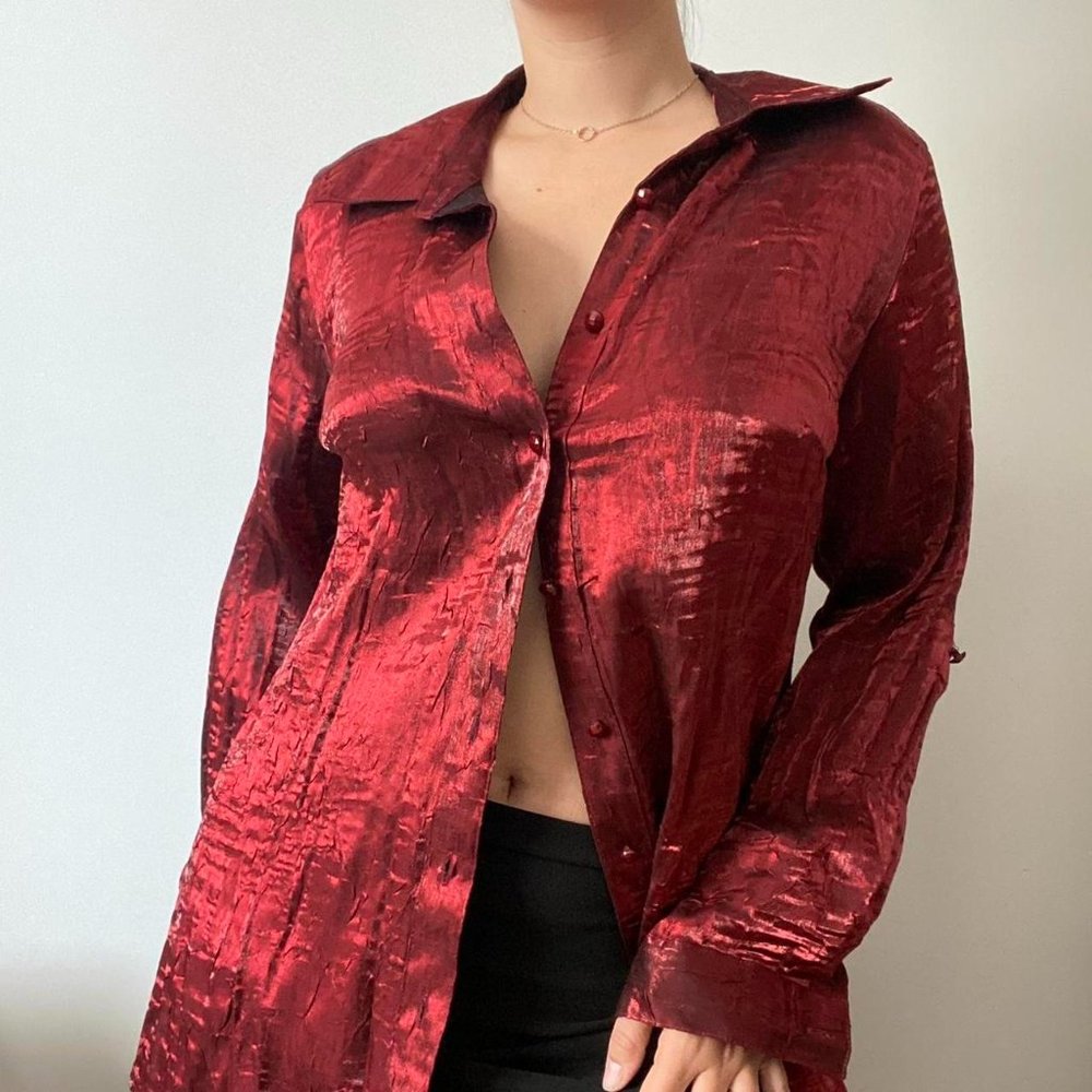 Red metallic shimmer button down shirt